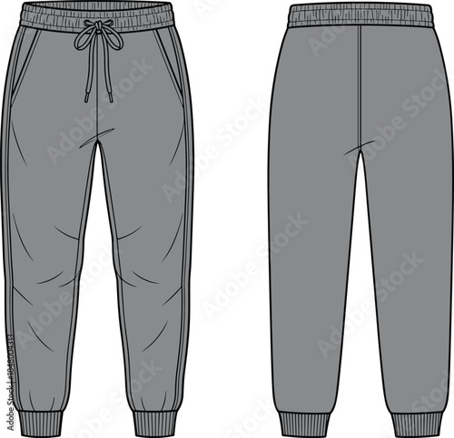 Gray jogger pants illustration showing front and back views, casual sweatpants design isolated on white background for modern fashion