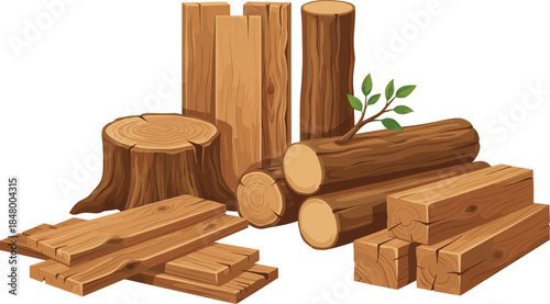 Wood logs and timber illustration featuring planks boards and tree trunks isolated on white background for construction design
