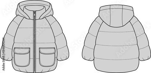 Gray padded winter jacket illustration showing front and back views, hooded insulated outerwear for children isolated on white background