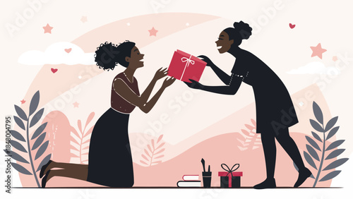 Woman receiving gift from kneeling friend in elegant gesture