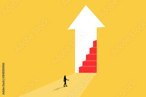 Business woman follow a arrow for business opportunities. visionary leadership different business routes. Symbol of ambition, motivation and long road ahead