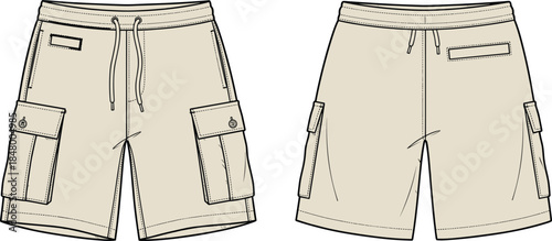 Technical drawstring cargo shorts vector illustration showing front and back views, utility pockets, casual workwear fashion apparel template