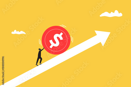 Businessman push money coin up exponential arrow. concept of Compound interest exponential growth, investing earning profit, wealth management or savings, pension fund growing in long term investment