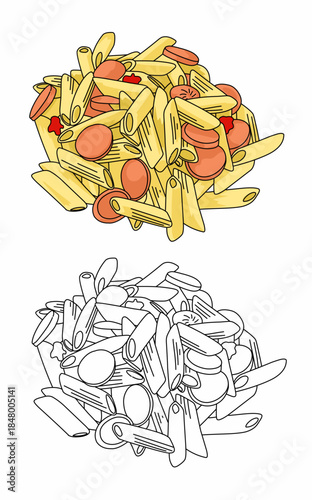 Delicious pasta and Some sausages with ketchup. Food Coloring page 