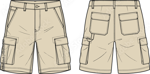 Technical cargo shorts vector illustration, front and back views with utility pockets, belt loops, workwear fashion apparel design template