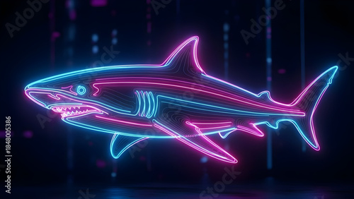 Neon shark illustration glowing in the dark with a digital background
