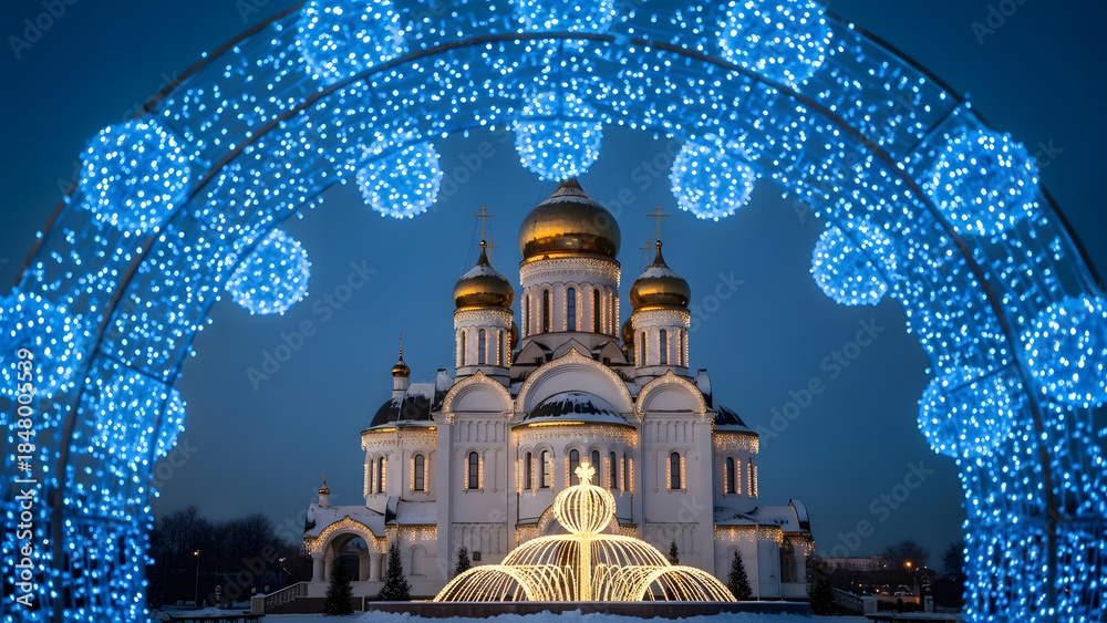 Obraz premium Orthodox church golden domes illuminated at winter night | Majestic Russian cathedral framed by blue festive string lights | Beautiful architectural Christmas light display on historic building