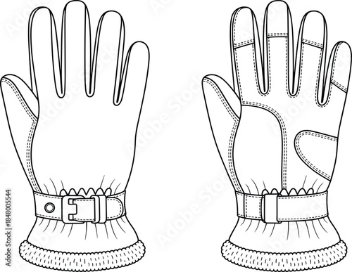 Technical winter gloves vector illustration showing palm and back views, insulated cuff, buckle strap, protective handwear design