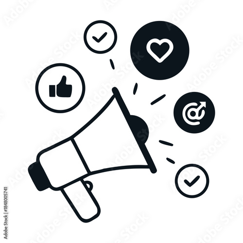 Illustration of a megaphone surrounded by social media icons, including a like, heart, check mark, and at symbol isolated on