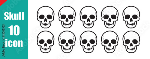 Simple line art human skull icon set. Vector skeleton head symbol collection.