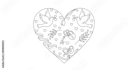 Heart-shaped outline with doves, keys, and ribbons, symbolizing love and romance for Valentine's Day or wedding themes