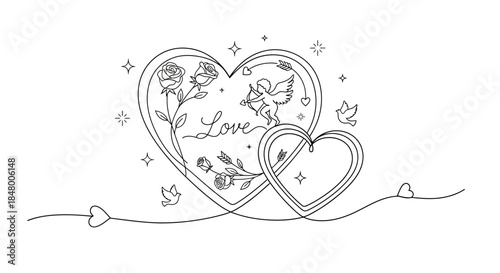 Love heart with cupid, roses and birds in a continuous line drawing representing romance and Valentine's Day