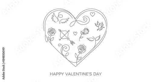 Happy Valentine's Day outline heart drawing with romantic symbols and flowers, a charming illustration for greeting cards and invitations