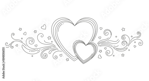Elegant decorative flourish with two interconnected hearts, perfect for Valentine's Day, love, and romantic occasions, rendered in a classic outline style for versatile design applications