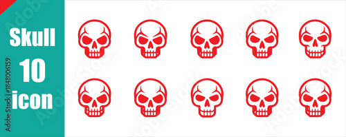 Red outline skull icon set. Linear danger and death symbol vector collection.