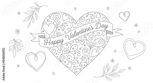 Elaborate Outline Art Featuring a Decorative Heart Design with 'Happy Valentine's Day' Text, Surrounded by Swirls and Smaller Hearts, Festive Holiday Illustration
