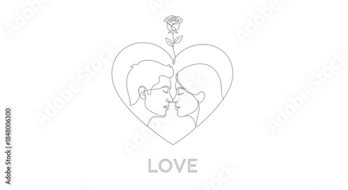 A minimalist line art illustration of a couple in a heart shape with a rose on top, symbolizing love and romance, perfect for Valentine's Day or wedding themes