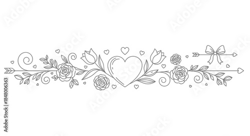 Elegant floral heart design with leaves and flowers in a decorative outline