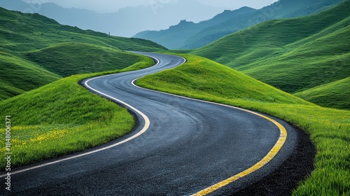 Winding road through verdant hills