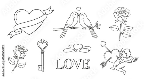 Charming vector outline collection of romantic symbols for love-themed designs, featuring hearts, birds, roses, Cupid, and keys, perfect for Valentines and celebrations