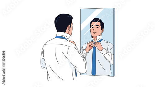 A businessman carefully adjusts his blue tie while looking in the mirror, preparing for a professional day ahead.