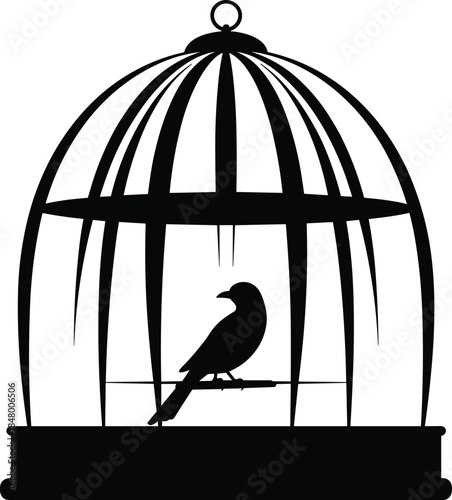 Silhouette of bird sitting inside decorative cage, vintage aviary illustration for design, wildlife captivity concept vector graphic for stock use