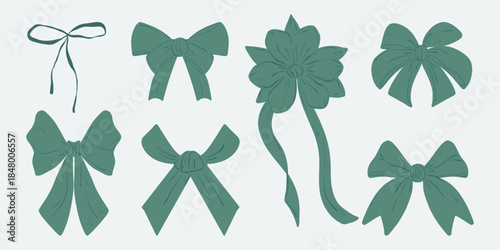Sage teal bow set, ribbon collection. Green ribbon pack, decorative bows. Sage bow icons, gift and hair ribbon set