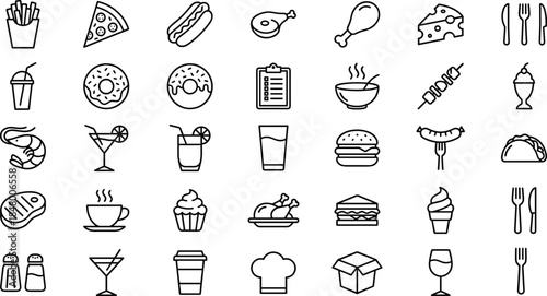 Food and restaurant icon set featuring fast food, beverages, desserts, seafood, utensils, cooking elements, prepared meals, and takeaway items in clean line style.