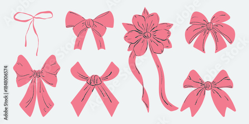 Coral bow set, soft ribbon pack. Coral ribbon collection, decorative bows. Coral gift bows, ribbon vector set