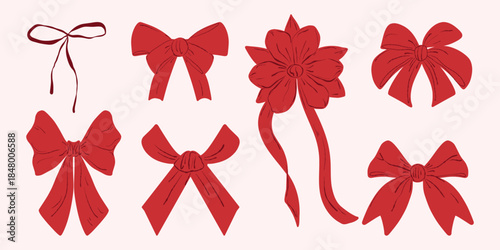 Red bow set, ribbon collection. Red ribbon pack, decorative bows. Gift bow set, red ribbon icons