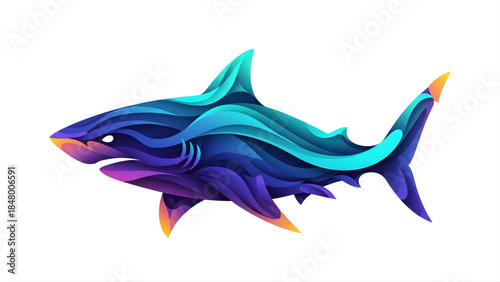 Vibrant abstract shark illustration featuring a flowing gradient of blue, purple, and orange hues, embodying powerful marine life with modern artistic flair and dynamic digital design