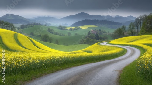 Winding road through vibrant yellow fields, rolling hills, and a cloudy sky