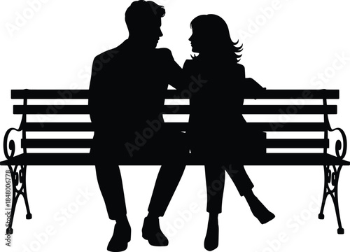 Silhouette of couple sitting closely on park bench, romantic outdoor moment illustration, relationship bonding scene vector graphic for stock design use