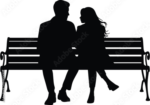 Silhouette of couple sitting together on park bench, romantic moment illustration, outdoor relationship scene vector graphic for stock design purposes