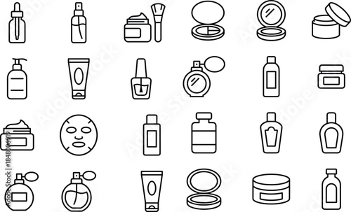 Cosmetic and skincare product icon set featuring makeup tools, bottles, jars, creams, perfumes, beauty masks, lotions, and facial care essentials.