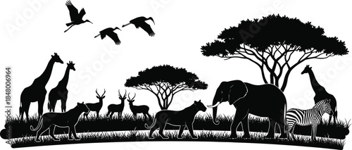 African wildlife silhouette vector with elephant, giraffes, zebras, lions, deer and flying birds in savanna forest landscape nature scene