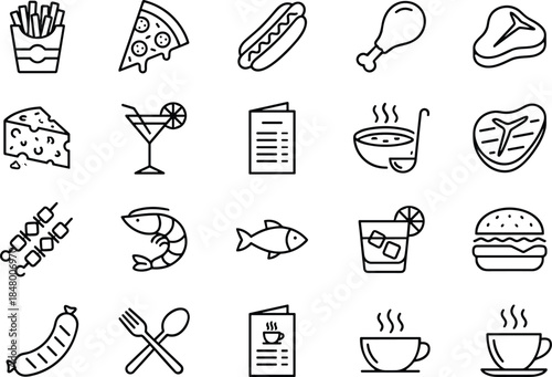 Food and beverage icon set featuring fast food, drinks, seafood, desserts, menus, cooking elements, and restaurant items in clean modern line style.