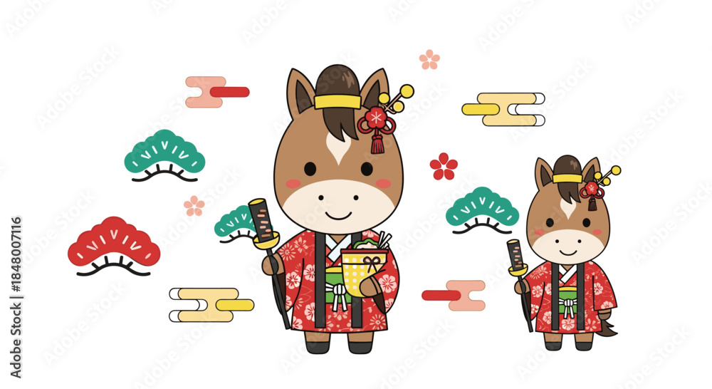 Fototapeta premium Adorable cartoon illustration of two Japanese zodiac horses dressed in traditional kimono attire for New Year's celebrations.