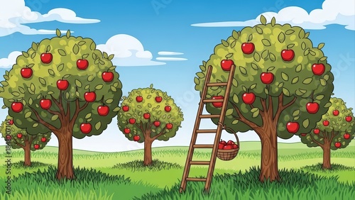 Vibrant cartoon illustration of an apple orchard with a ladder and basket.