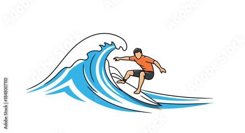 Dynamic line art illustration of a surfer riding a large blue ocean wave in a simple yet energetic and powerful style.