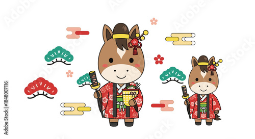 Adorable cartoon illustration of two Japanese zodiac horses dressed in traditional kimono attire for New Year's celebrations.