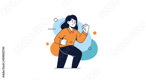 Energetic and confident young woman shown in a powerful running or cheering pose in a modern flat illustration style.