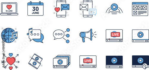 Minimal digital communication and social media icon set featuring messaging, live streaming, notifications, multimedia sharing, global connectivity, website interface and marketing symbols.