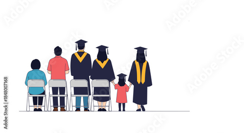 Illustration showing the back view of a family including graduates in caps and gowns attending a commencement ceremony together.