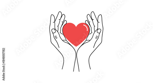 Minimalist line art illustration of two hands gently holding a red heart symbolizing love care charity and kindness concept.