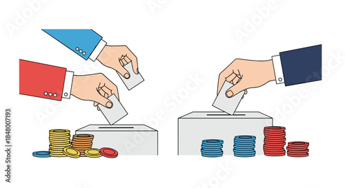 Illustration depicting the concept of voting and investment with hands casting ballots into boxes next to stacks of coins.