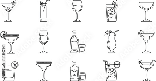 Elegant cocktail and alcoholic beverage line icon set featuring mixed drinks, wine glasses, liquor bottles, tropical cocktails, and bar menu illustration elements