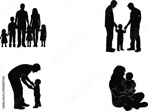 Silhouette of family with parents and children spending time together, happy parenting love and childhood care vector illustration design