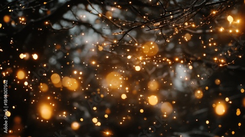 Winter night lights blur softly through snow-laden branches