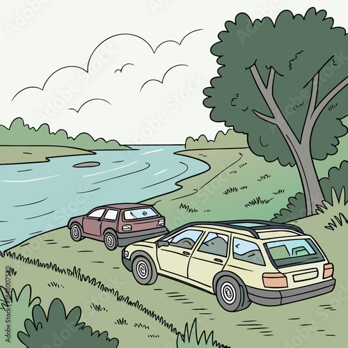 Cartoon cars parked by river tree grass